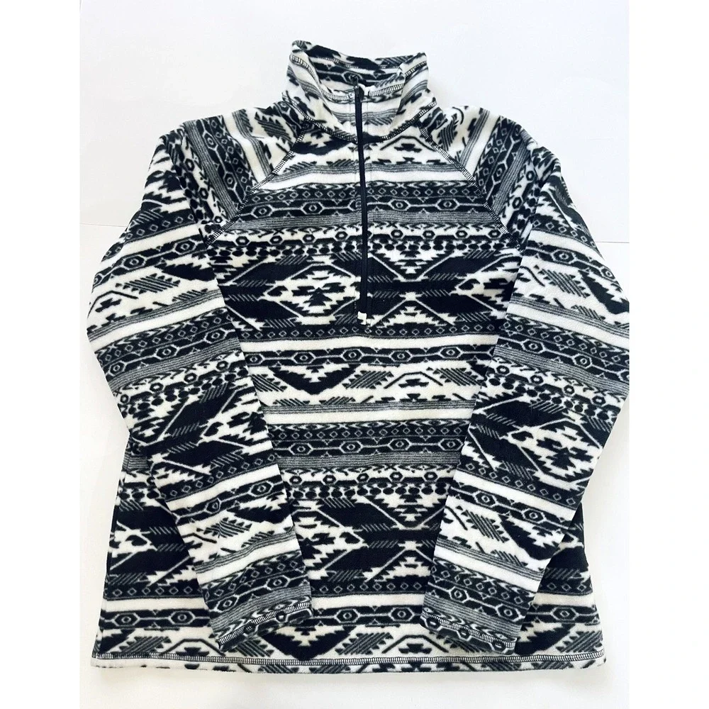 Eddie Bauer‎ 1/4 zip fleece pullover top womens Large black white Southwest